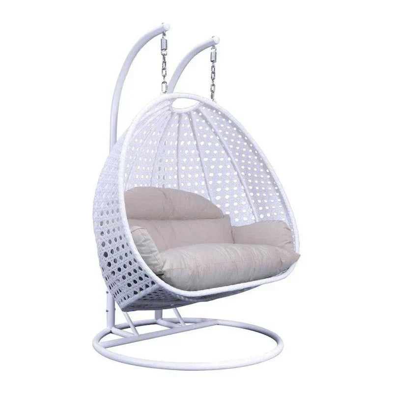 LeisureMod 2 Person Hanging Egg Chair with Stand - Outdoor/Indoor Rattan Wicker Patio Swing Hammock Lounger with Cushions