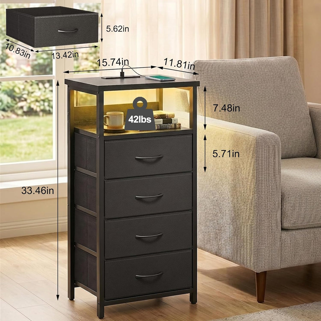 Black Tall Nightstand with Charging Station, 4 Fabric Drawers, RGB LED & Open Shelves