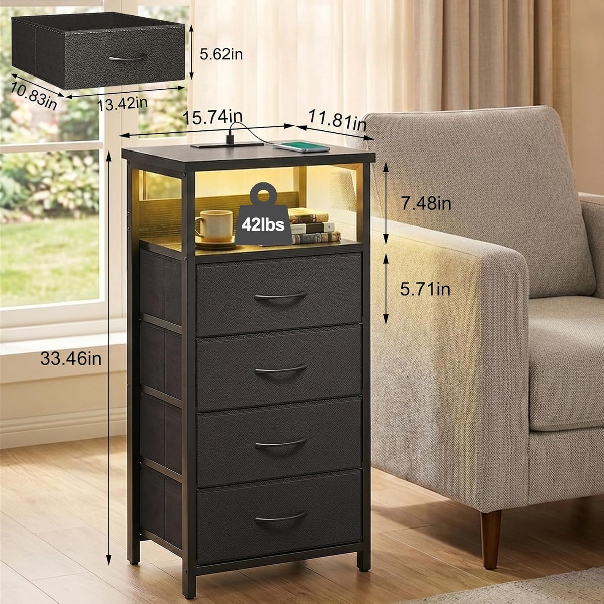 Black Tall Nightstand with Charging Station, 4 Fabric Drawers, RGB LED & Open Shelves